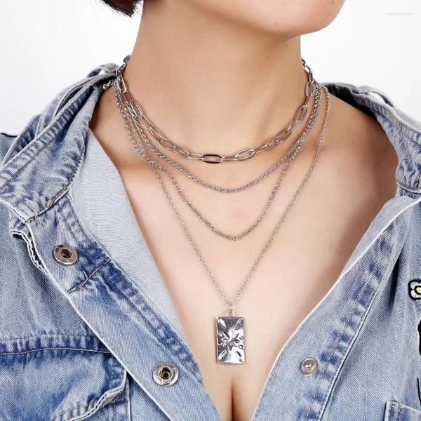 Collares colgantes Geometría de moda vintage Collar de cadena de gargantilla multicapa para mujeres Boho Punk Placa de plata Joyería de marca rectangular GIF