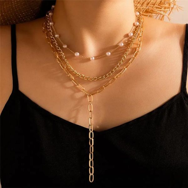 Collares colgantes Vintage Geometría de moda Collar de gargantilla multicapa para mujeres Boho Punk Color oro Cadena gruesa Perlas de imitación Cadenas largas