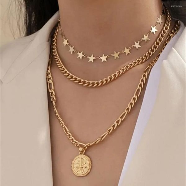 Colliers pendants Vintage Fashion Gold-plaque Punk Star Chain Longevity China Word Coin Collier Femme Femme Multiles Lucky Jewelry