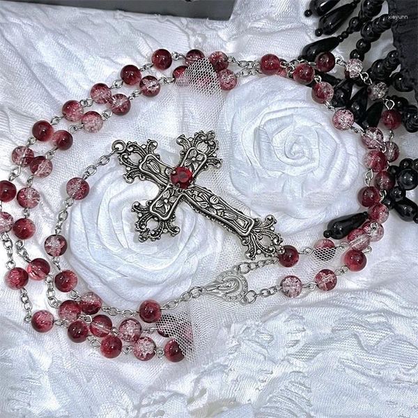 Pendentif Colliers Vintage Mode Style Gothique Lolita Cristal Croix Perceuse Chaîne Rosaire Rouge Foncé Collier Noir