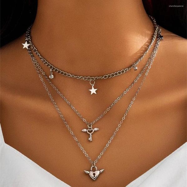 Collares pendientes Vintage moda multicapa Color plata estrella en forma de corazón Angel Lock Set collar para mujer Boho gargantilla joyería regalo