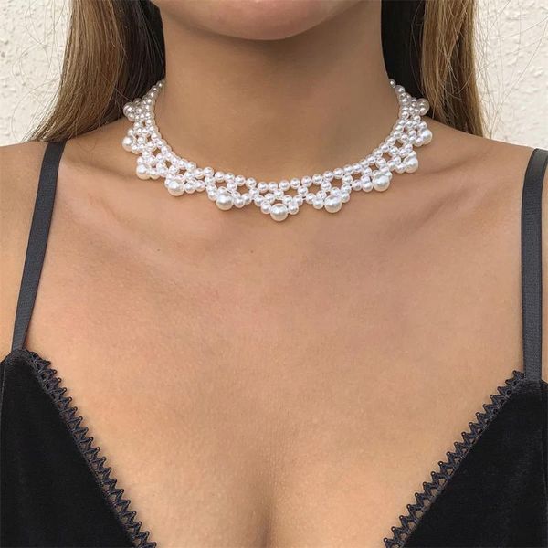 Collares colgantes Vintage francés perla artificial tejido encaje borlas cadena collar para mujeres moda femenina multiayer hueco gargantilla joyería