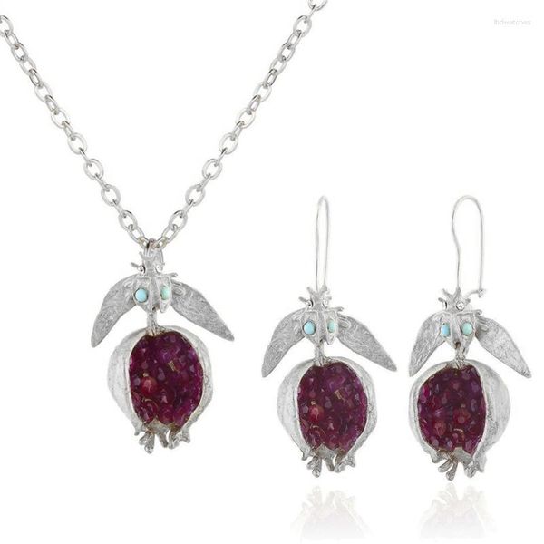 Pendentif Colliers Vintage Fruit Red Grenade Bijoux Set Gemstone Boucles d'oreilles F3MD