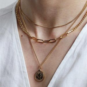 Pendentif Colliers Vintage Gold Couleur Multiniveau Punk Géométrique Chaîne Collier Pour Femmes Mode Boho Portrait Coin Bijoux Cadeau En Gros