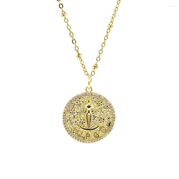 Pendentif Colliers Vintage plaqué or douze constellations collier cuivre incrusté zircon 12 signes du zodiaque bijoux cadeau d'anniversaire pour les femmes