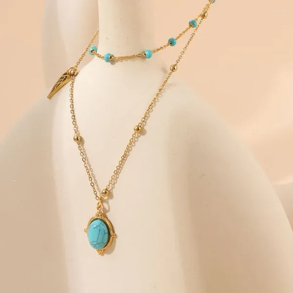 Pendentif Colliers Vintage Golden Chaîne en acier inoxydable Collier pour femmes Ovale Turquoise Pierre Étanche Bijoux faits à la main Cadeau