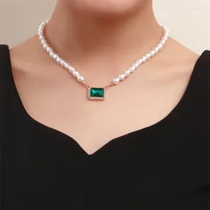 Pendentif Colliers Vintage À La Main Imité Perle Chaîne De Perles Pour Femmes Bling Vert Strass Rectangle Collier Filles Bijoux