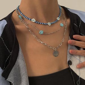 Hanger Kettingen Vintage Hip-Hop Kleine Daisy Rice Bead Gevlochten Ketting Blauw Marguerite Geometrische Hollow Ijzer Drie-Lagen Ketting Set