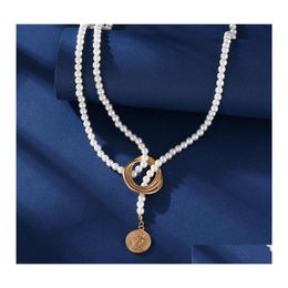 Collares pendientes Vintage imitación perla envoltura geométrica Metal collar largo para mujer boda fiesta retrato moneda joyería regalo 849 Otety
