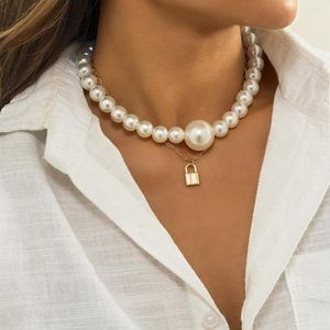 Collares pendientes Vintage imitación perla con cuentas collar de clavícula señoras Simple Color dorado Metal candado encanto niñas joyería