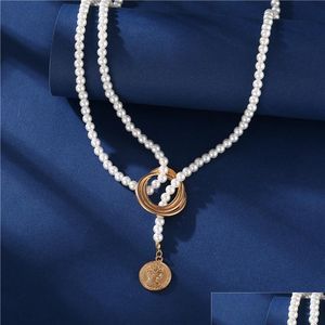 Pendentif Colliers Vintage Imitation Perle Wrap Géométrique En Métal Collier Long Pendentif Pour Les Femmes De Noce Portrait Coin Colliers Dhxms