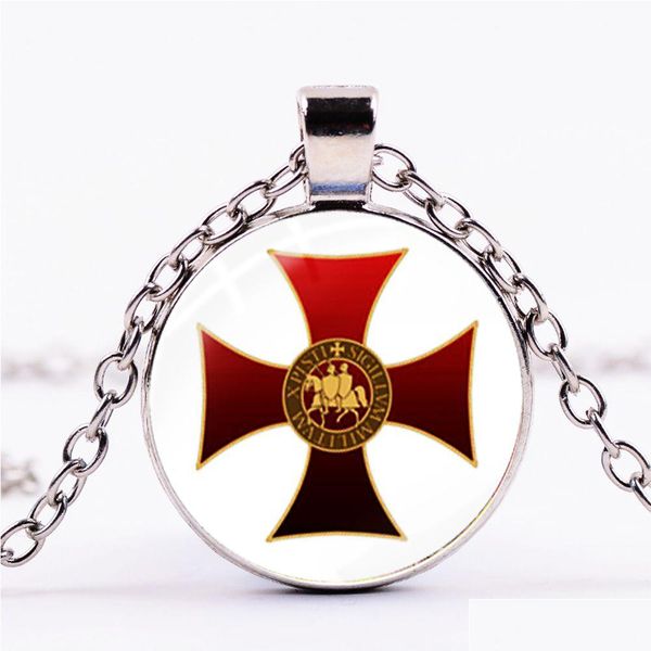 Pendentif Colliers Vintage Templiers Collier Religieux Chevalier Esprit Style Verre Cabochon Sier Plaqué Hommes Punk Croix Chaîne Goutte Dhz7F