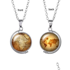 Pendentif Colliers Vintage Kraft Papier Carte Du Monde Temps Gem Collier Cabochon En Verre Double Face Rotatif Globe Pour Hommes Femmes Enfants Dhxab