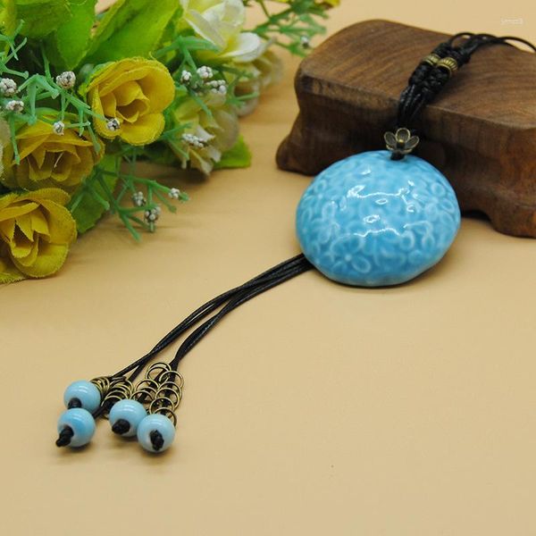 Pendentif Colliers Vintage Long Gland Bijoux Pour Femmes En Céramique Sculpté Fleur Perles Collier Charme Ras Du Cou Rétro Accessoires