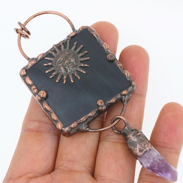 Pendentif Colliers Vintage Lune Étoiles Pierre Charmes Boho Grand Carré Soudé Noir Agates Tranche Améthystes Collier Pour DIY MakingPendentif