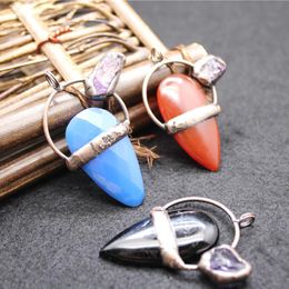 Hanger Kettingen Vintage Natuurlijke Stenen Ketting Facet Rock Quartz Raw Agates Blue Red Black Agat Crystal Antique Copper