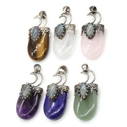 Colliers Pendentifs Collier Vintage Pendentifs Pierre Naturelle Druzy Cristal Violet Quartz Rose Lapis Antique Couleur Argent Couronne Lune Charme Bijou