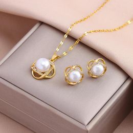 Pendentif Colliers Vintage Perle Boucles d'oreilles pour femmes Femelle Usure quotidienne Ensemble de bijoux en acier inoxydable Filles Party Cadeau en gros