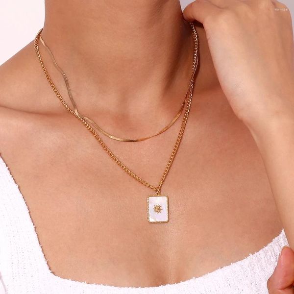 Collares colgantes Vintage Rectangular Blanco Nnatural Shell Sun Blade Cadena Dos capas Joyería de acero inoxidable Mujer Lujo