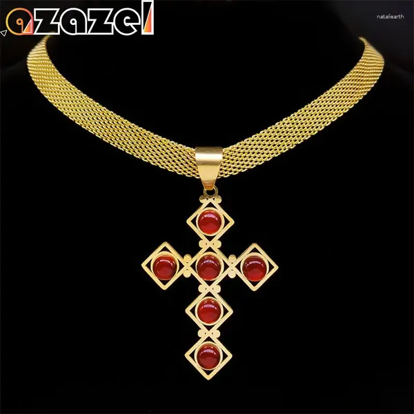 Collares colgantes Vintage Red Stone Cross Collar Exquisito Gargantilla para mujeres Acero inoxidable Color Oro Cadena de clavícula Joyería N3061S08