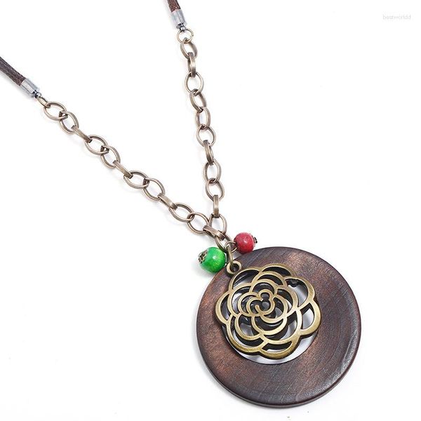 Pendentif Colliers Vintage Rétro Mode Fleur Creuse Femmes Collier Chaîne Alliage Déclaration Bois Charme Long Cuir Sautoirs Casual Bijoux