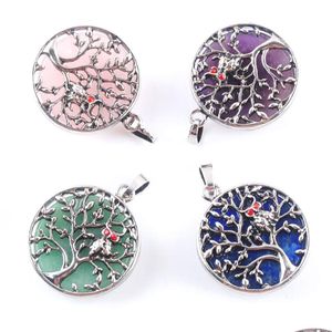 Pendentifs Colliers Vintage Sier Pendentifs en pierre naturelle Bijoux Hibou creux sur l'arbre de la sagesse Cabochon rond Pierres précieuses Bijoux Bdejewelry Dhnro