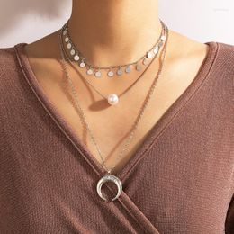 Hanger kettingen vintage zilveren kleur maan stierkop multi -lay ketting voor vrouwen parel geometrische pailletten kwastje choker sieraden