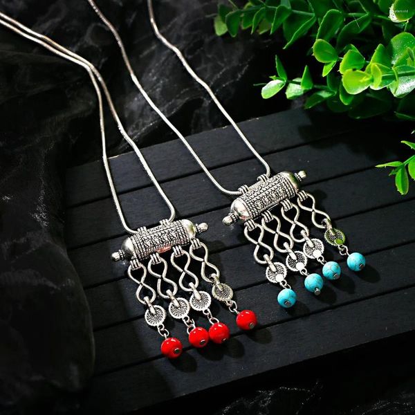 Collares colgantes Vintage Color de plata Collar Charm Joyería para mujeres Gypsy Round Stone Borla Cadena larga Niñas Tibetanas