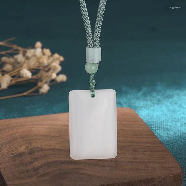 Pendentif Colliers Vintage Style Rectangulaire Blanc Jade Collier Pour Hommes Femmes Bijoux Vert Tissé À La Main Corde Chaîne Perle 70 cm