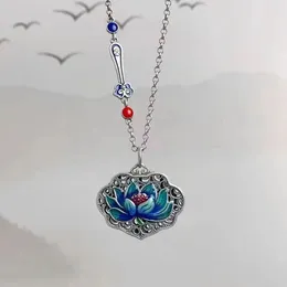 Pendentif Colliers Vintage marée Lotus coeur Sutra paix serrure collier Ruyi de bon augure transfert de vent national gouttes colle bijoux