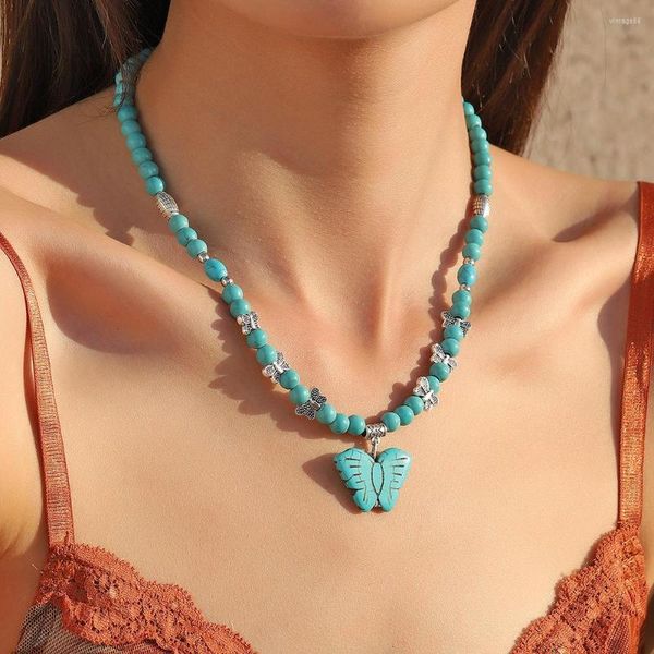 Collares colgantes Vintage turquesa mariposa cuello cadena bohemio collar para mujer joyería corporal accesorios regalo