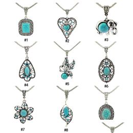 Pendentif Colliers Vintage Turquoise Carré Éléphant Coeur Feuilles Fleur Pierre Naturelle Longues Chaînes Pour Femmes Mode Bijoux Cadeau Dro Dh5Dv