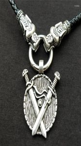 Collares colgantes Cabecillo de doble espada vikinga Viking Cabecilla para hombres con cabeza de dragón PU Cadena de cuero Amuleto Joya Taliman GIF5998803