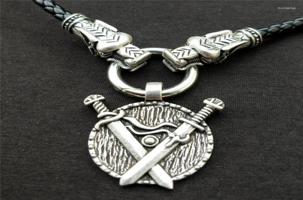 Colliers pendants vintage Viking Double Sword Collier Choker pour hommes avec tête de dragon Pu Leather Chain Amulet Taliman Bijoux GIF116635
