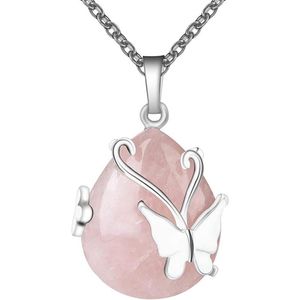 Pendentif Colliers Vintage Fil Wrap Papillon Pierre Précieuse Rose Quartz Améthyste Opalite Guérison Cristal Collier214M