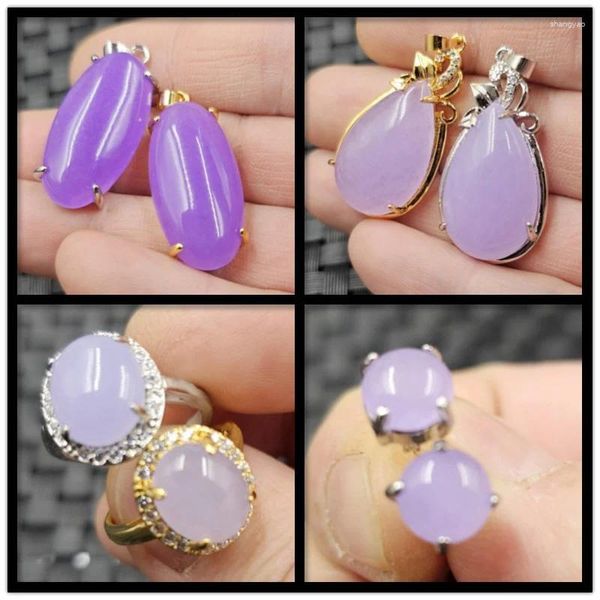 Colliers pendants Drop d'eau violette jade violet ovale ovale à anneau ouvert en boucles rondes de boucles d'oreilles