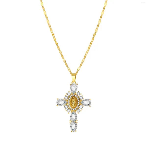 Collares colgantes Virgen María Cruz Collar para mujeres Brillante Cubic Zirconia Crucifijo Fiel Simbolismo Joyería de cuello