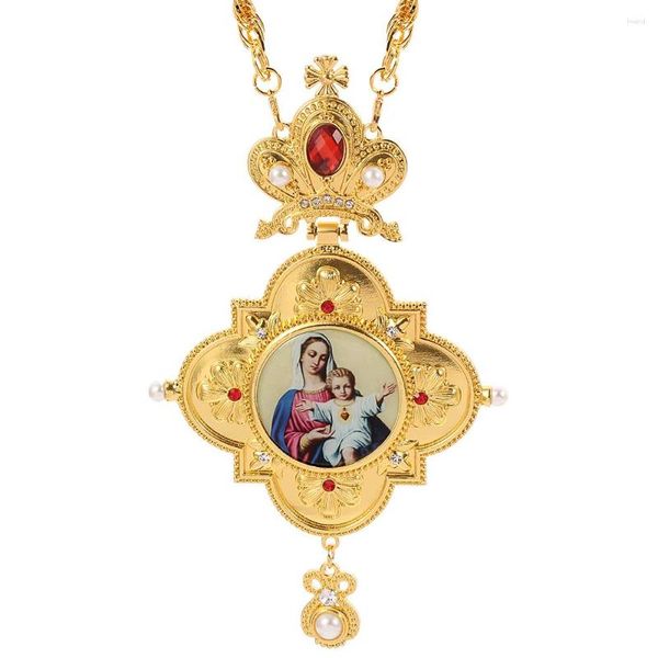 Collares colgantes Virgen María Jesús Cruz Pectoral Crucifijo Ortodoxo Colgantes Largos Oro Pastor Religioso Joyería de Oración