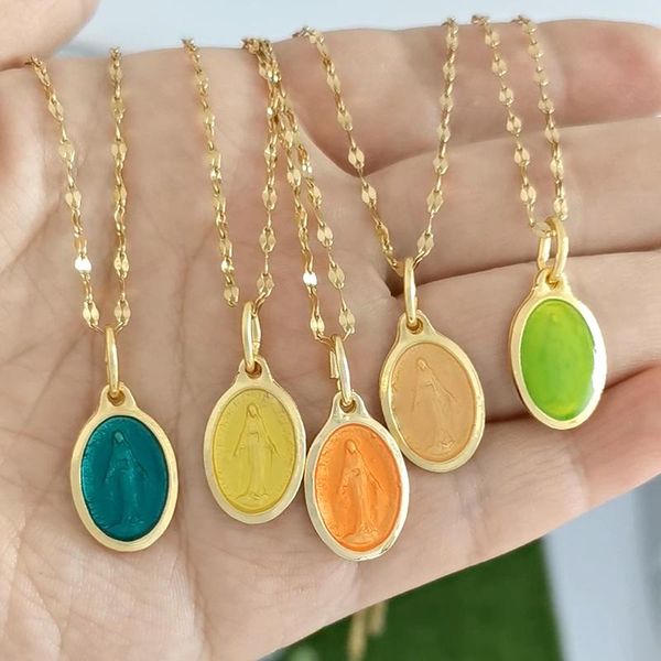 Collares pendientes Virgen María Necklacec Charm Mujeres Gargantilla Cadena de acero inoxidable Slim Gold Color Jewelry Esmalte Vintage Green OrangePendant