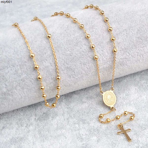 Collares colgantes Virgen María San Benito Oraciones católicas Oro amarillo Mujeres Collar de rosario largo religioso Nuevo con caja