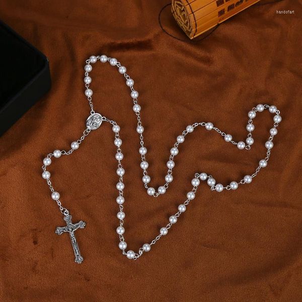 Pendentif Colliers Vierge Marie Triangle Perle Rosaire Croix Collier Catholique Chrétien Mariage Prière Perles