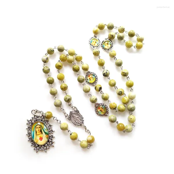 Colliers de pendentif vierge Rosaire longs Green Stone Perles Collier catholique pour les bijoux religieux pour hommes pour hommes