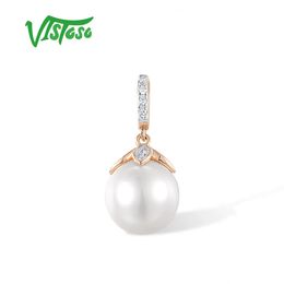 Hangerkettingen VISTOSO Authentic14K 585 roségouden hanger voor vrouwen Fonkelende diamant Zoetwaterwitte parel Delicate eenvoudige fijne sieraden 231010