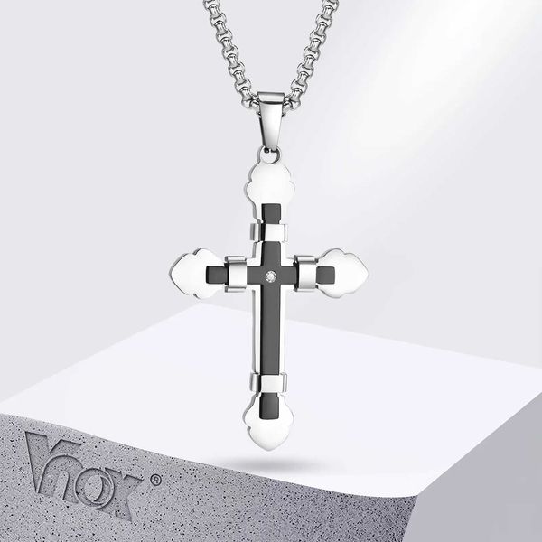 Colliers de pendentif Vnox Black Silver en acier inoxydable Broche Collier Double ton Double-couche croix Punk Rock Croying Collier