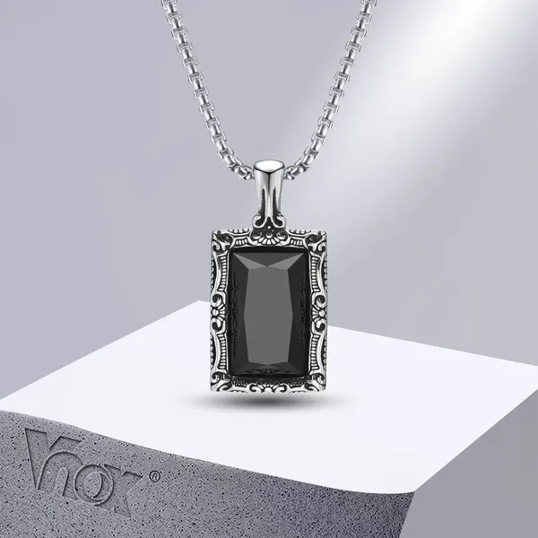 Pendentif Colliers Vnox Noir Carré Pierre Pour Hommes Rétro Argent Couleur Collier Géométrique En Acier Inoxydable Avec Chaîne De Boîte