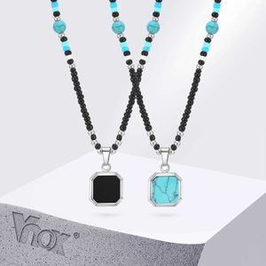 Colliers pendants Vnox Boho Mens Collier Géométrique Square Naturel Perme Pendre Réglable Blue Perle Chaîne ethnique et Tribal Collier J240516