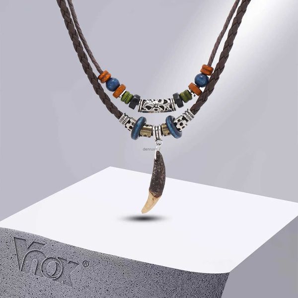 Collares colgantes Vnox, collares con colgante de diente de perro étnico para hombres y mujeres, doble capa con cuentas, cadena de cuerda de cuero, Collar Tribal, regalos de joyería