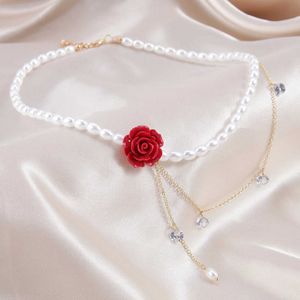 Pendentif Colliers Vnox doux rouge Rose fleur pendentif à breloque colliers pour femmes Imitation perle perles chaîne colliers gothique Balot collier Q240402