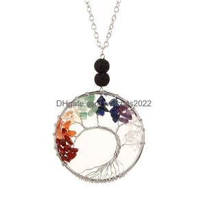 Hangende kettingen Vulkanische stenen kralen Bronzen draadomslag Boom van leven Ketting Natuurlijk 7 Chakra Helende handgemaakt Handmade Quartz Crystal Weddin Dhyza