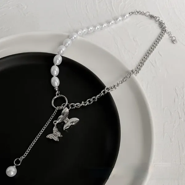 Collares colgantes VSnow diseñado mariposa de acero inoxidable collar de perlas barrocas para mujeres asimetría cadena gruesa joyería de borla